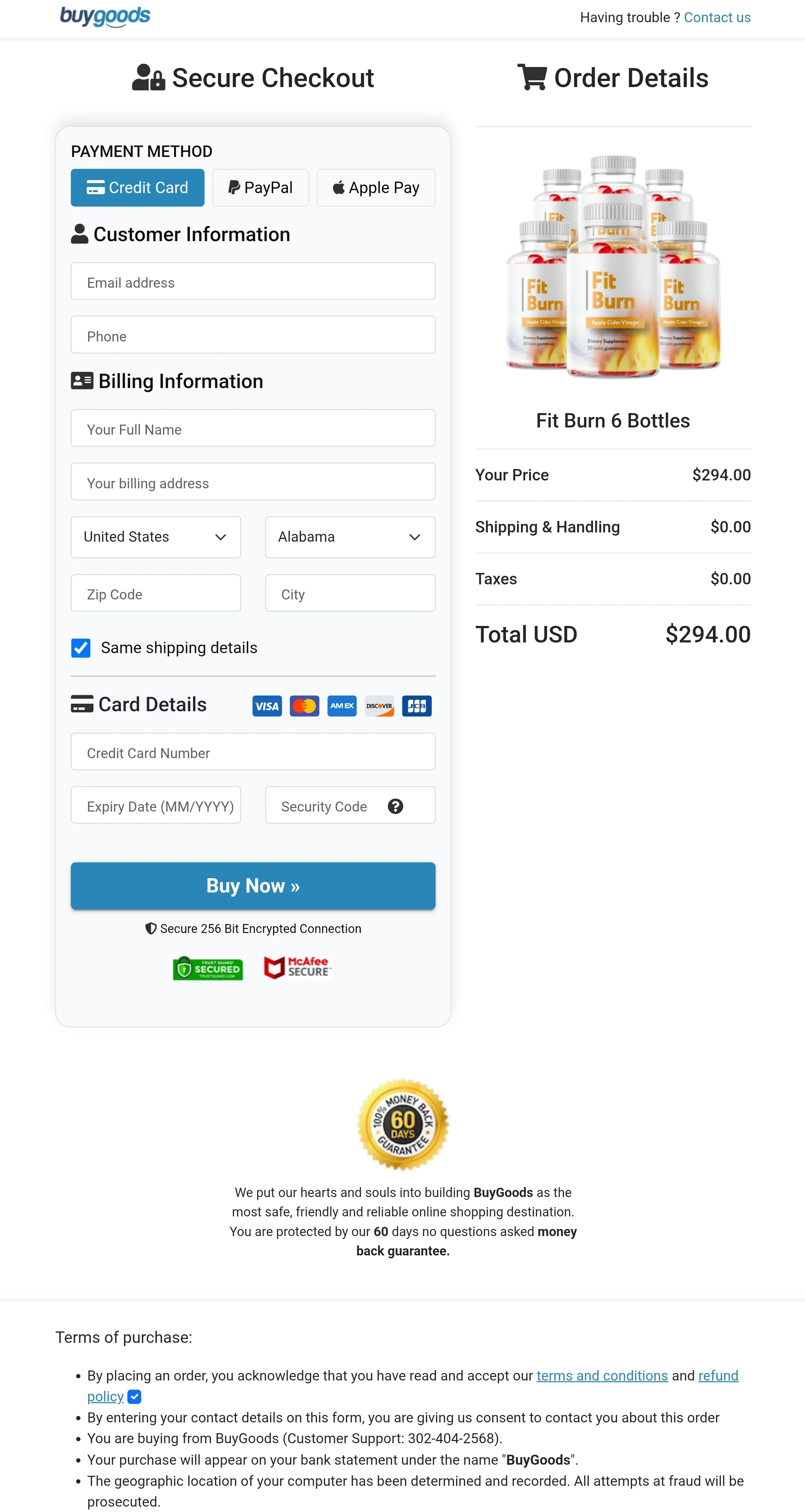 Fit Burn order form
